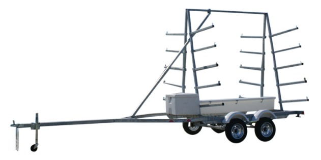 #UKCT10TD - 10 PLACE CANOE KAYAK TRAILER SHOWN WITH TANDEM AXLE , JACK STAND, OAR & LIFE JACKET BOXES
